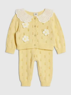 River Island Yellow Broderie Daisy Knitted Cardigan & Leggings Set Clearance
