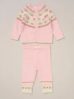 Rock-A-Bye Baby Boutique Pink True Knit Fairisle Pattern Cardigan And Trousers Outfit Set