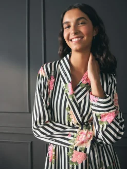 Rockett St George Black/White Flower Power Stripe Satin Robe Sale