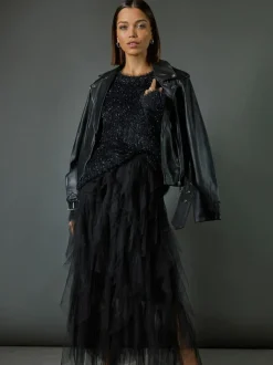 Roman Black Elasticated Mesh Layered Skirt Hot