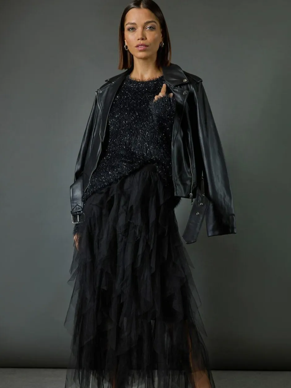 Roman Black Elasticated Mesh Layered Skirt Hot