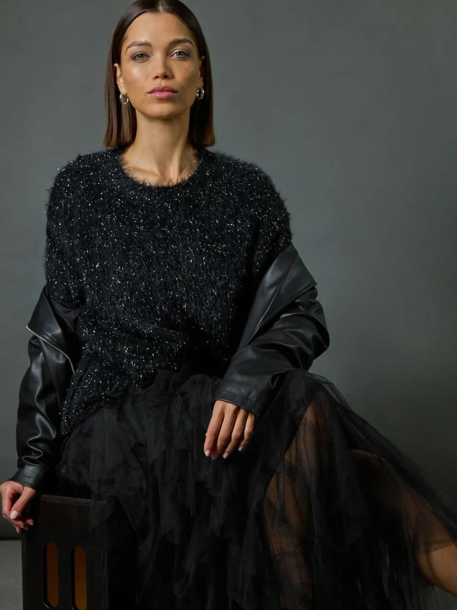 Roman Black Elasticated Mesh Layered Skirt Hot