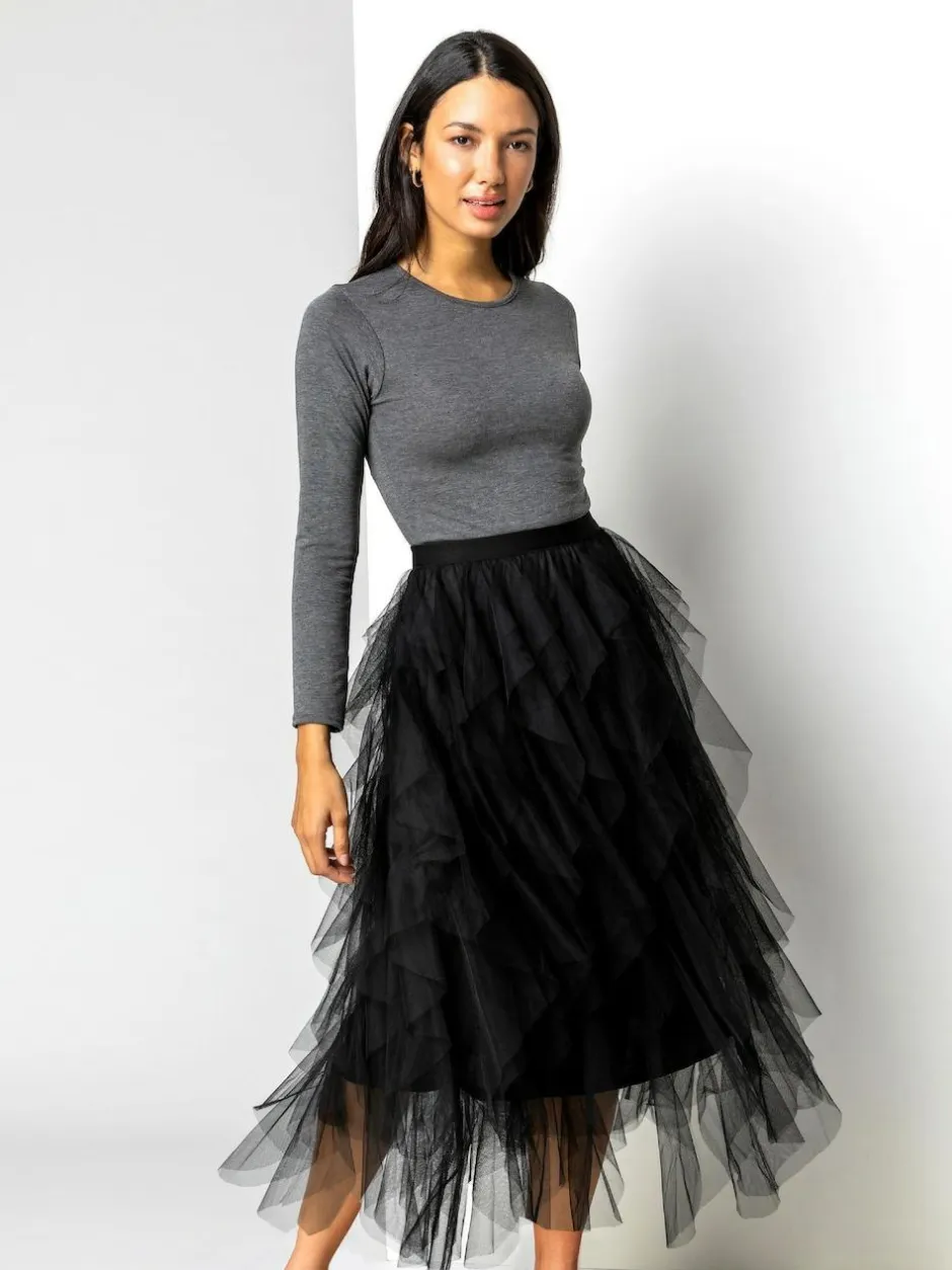 Roman Black Elasticated Mesh Layered Skirt Hot