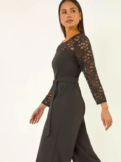 Roman Black Petite Lace Contrast Stretch Jumpsuit Discount