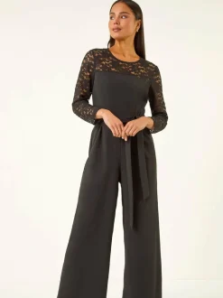 Roman Black Petite Lace Contrast Stretch Jumpsuit Discount