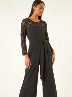 Roman Black Petite Lace Contrast Stretch Jumpsuit Discount