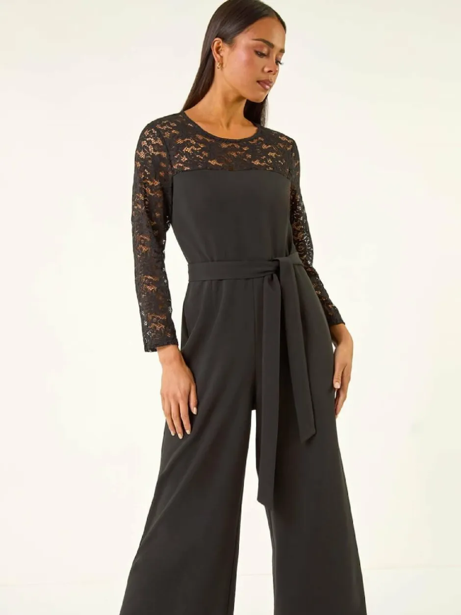 Roman Black Petite Lace Contrast Stretch Jumpsuit Discount