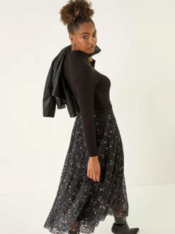 Roman Black Printed Lace Overlay Skirt New