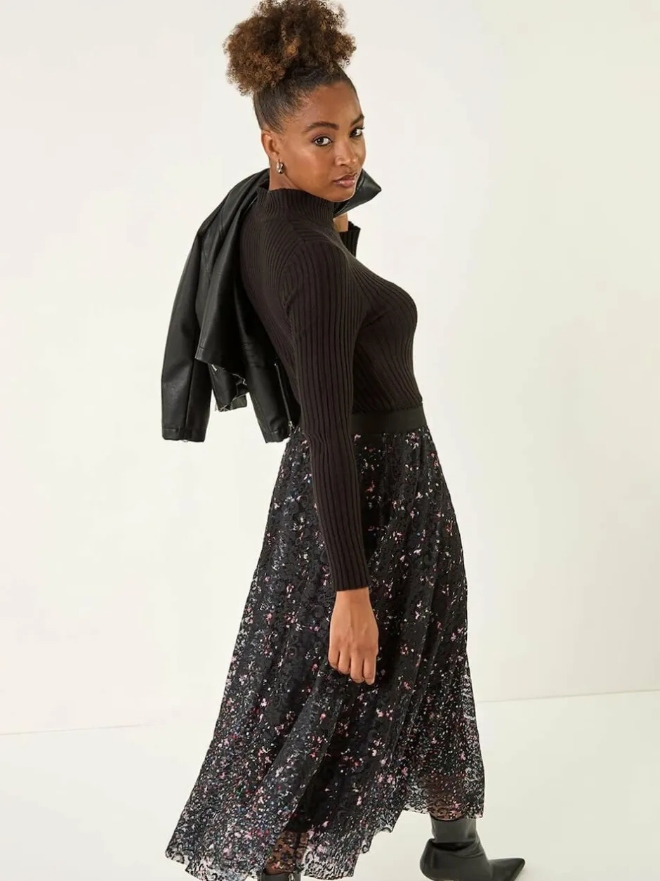 Roman Black Printed Lace Overlay Skirt New