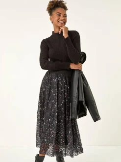 Roman Black Printed Lace Overlay Skirt New