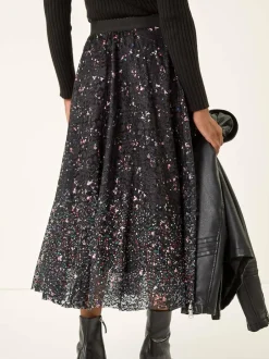 Roman Black Printed Lace Overlay Skirt New