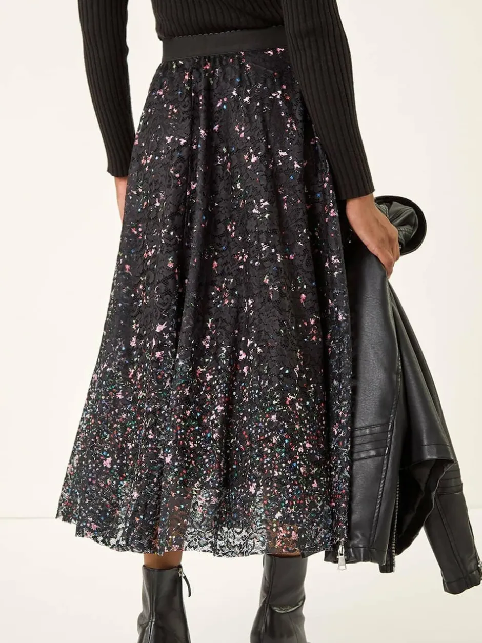 Roman Black Printed Lace Overlay Skirt New