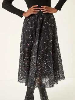 Roman Black Printed Lace Overlay Skirt New