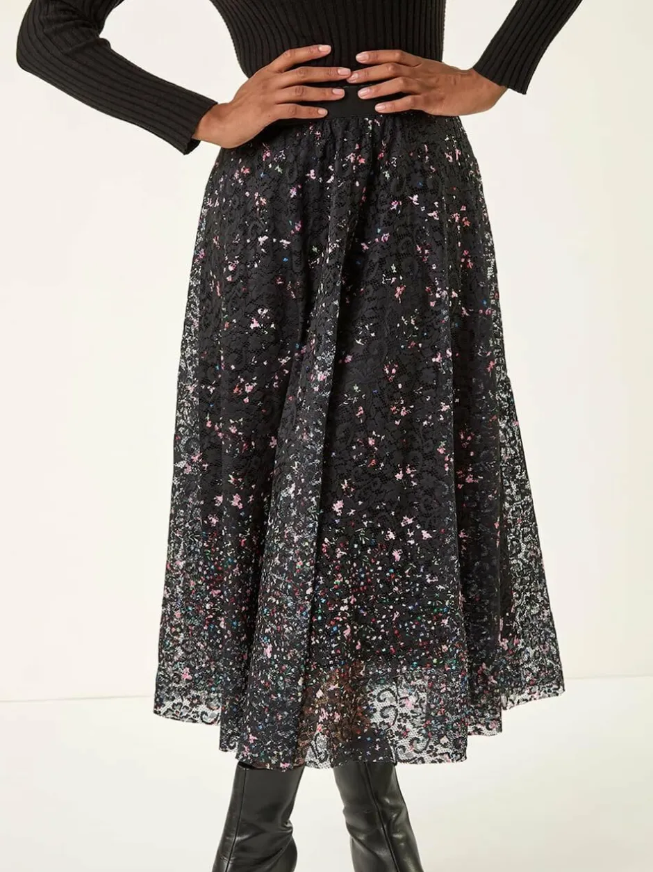 Roman Black Printed Lace Overlay Skirt New