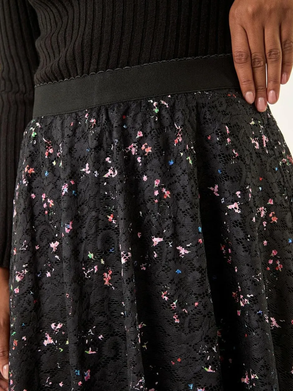Roman Black Printed Lace Overlay Skirt New