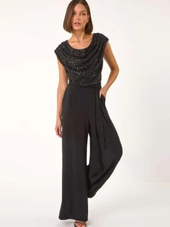 Roman Sequin Bodice Cowl Neck Jumpsuit Black Clearance