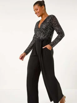 Roman Sequin Wrap V-Neck Stretch Jumpsuit Black Outlet