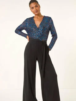 Roman Sequin Wrap V-Neck Stretch Jumpsuit Blue