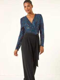 Roman Sequin Wrap V-Neck Stretch Jumpsuit Blue