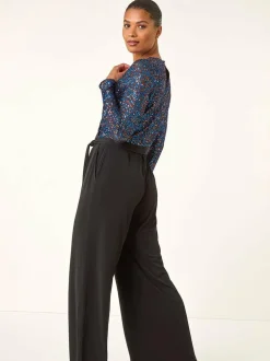 Roman Sequin Wrap V-Neck Stretch Jumpsuit Blue