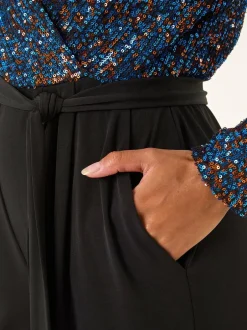 Roman Sequin Wrap V-Neck Stretch Jumpsuit Blue