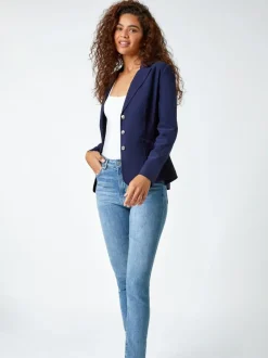Roman Stretch Button Detail Blazer Blue Discount