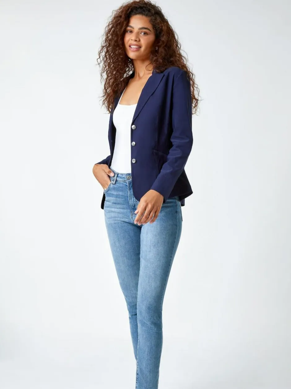 Roman Stretch Button Detail Blazer Blue Discount