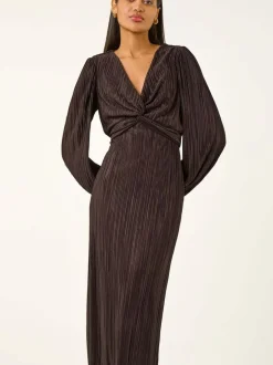 Roman Brown Plisse Twist Front Midi Dress Outlet