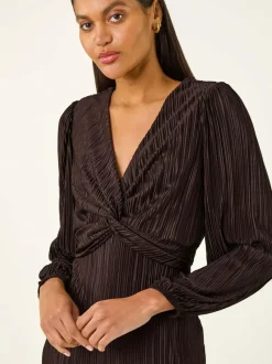 Roman Brown Plisse Twist Front Midi Dress Outlet