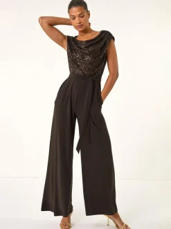 Roman Sequin Bodice Cowl Neck Jumpsuit Brown Clearance