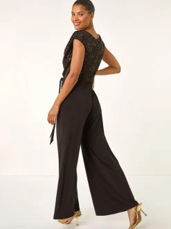 Roman Sequin Bodice Cowl Neck Jumpsuit Brown Clearance