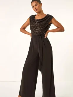 Roman Sequin Bodice Cowl Neck Jumpsuit Brown Clearance