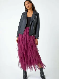 Roman Red Elasticated Mesh Layered Skirt New