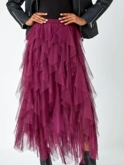 Roman Red Elasticated Mesh Layered Skirt New