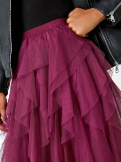 Roman Red Elasticated Mesh Layered Skirt New