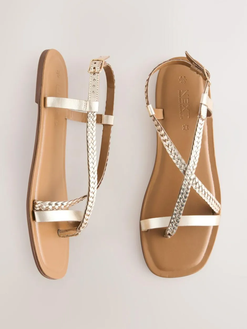 Next Rose Gold Leather Standard/Wide Fit Plait Strappy Toe Thong New