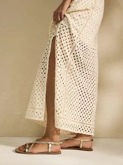 Next Rose Gold Leather Standard/Wide Fit Plait Strappy Toe Thong New