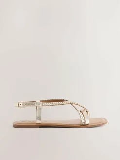Next Rose Gold Leather Standard/Wide Fit Plait Strappy Toe Thong New