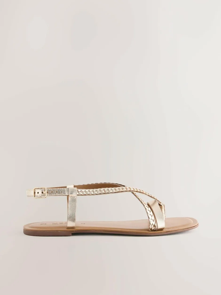 Next Rose Gold Leather Standard/Wide Fit Plait Strappy Toe Thong New