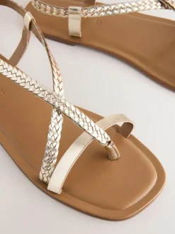 Next Rose Gold Leather Standard/Wide Fit Plait Strappy Toe Thong New