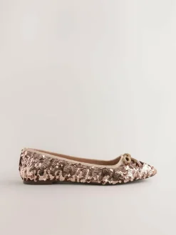 Next Rose Gold Sequin Standard/Wide Fit Round Toe Ballerina Shoes Hot