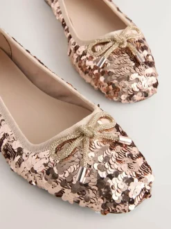 Next Rose Gold Sequin Standard/Wide Fit Round Toe Ballerina Shoes Hot