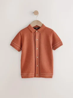 Next 100% Cotton Short Sleeve Knitted Polo Shirt (3-16yrs) Rust Brown Best