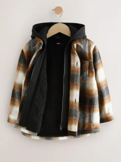 Next Borg Lined Hooded Check Shacket (3-16yrs) Rust Brown Online