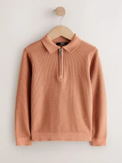 Next Long Sleeve Zip Neck Knitted Polo Shirt (3-16yrs) Rust Brown Clearance