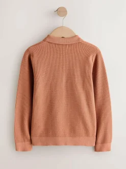 Next Long Sleeve Zip Neck Knitted Polo Shirt (3-16yrs) Rust Brown Clearance