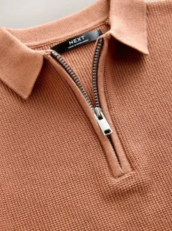 Next Long Sleeve Zip Neck Knitted Polo Shirt (3-16yrs) Rust Brown Clearance