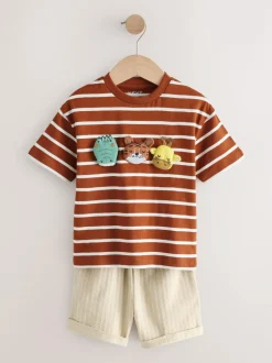 Next Short Sleeve T-Shirt and Shorts Set (3mths-7yrs) Rust Brown Stripe Padded Animals