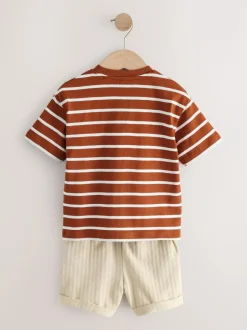Next Short Sleeve T-Shirt and Shorts Set (3mths-7yrs) Rust Brown Stripe Padded Animals