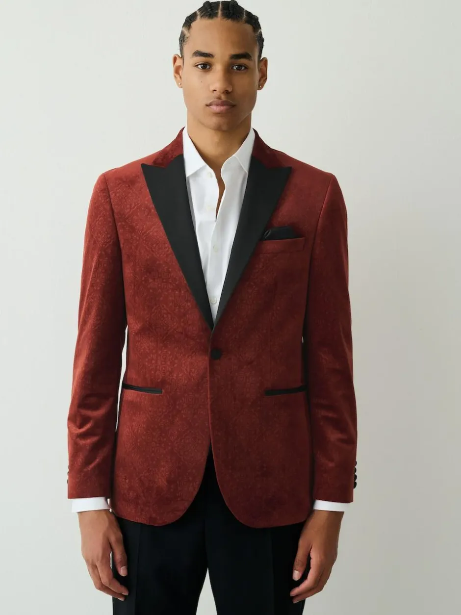 Next Slim Fit Patterned Velvet Blazer Rust Floral Hot